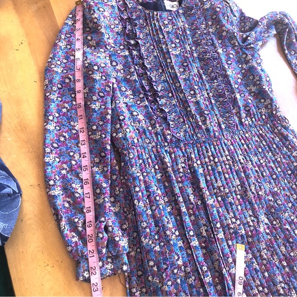 Vintage Ruffles Pleats Floral Dress Long Sleeve Colorful Fuchsia Lavender Silky - Picture 15 of 16